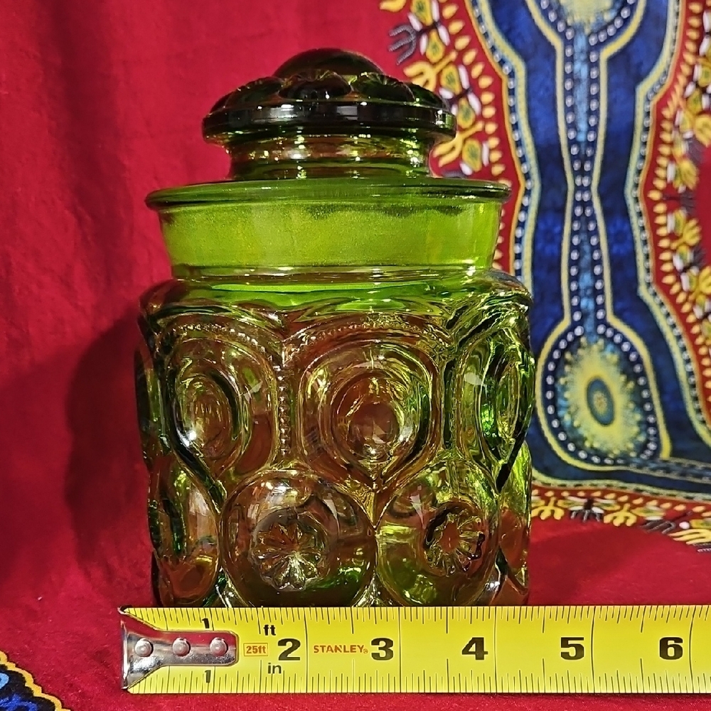 Vtg LE Smith Glass Moon & Stars Emerald Green Lidded Canister Apothecary Jar - Picture 6 of 7